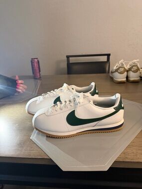 Nike White Leather Sneakers with Green Swoosh and Gum Sole